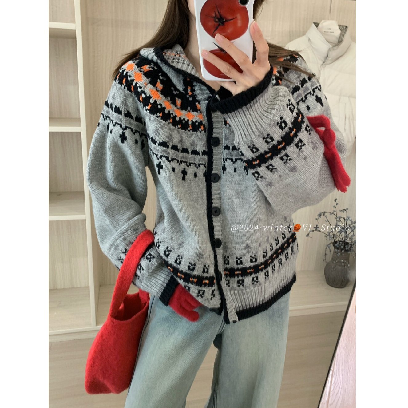 连帽简约北欧风几何图案开扣保暖毛衣