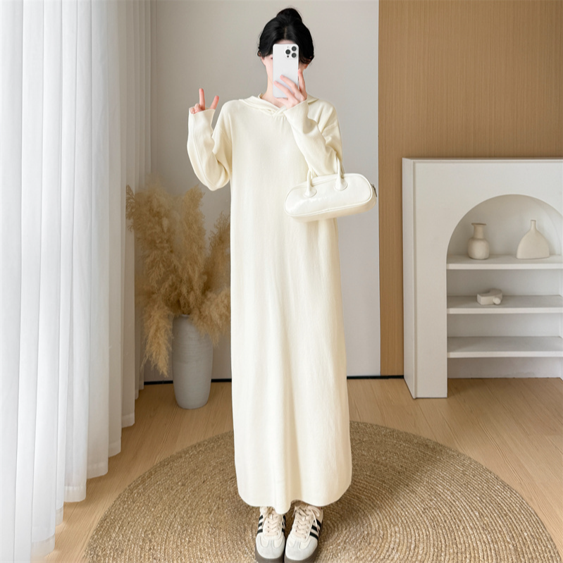 #9046宽松直筒连帽毛衣连衣裙女秋冬新款打底内搭过膝针织长裙