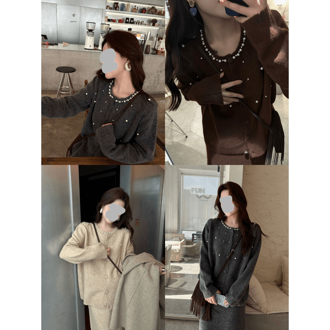 【奶霜珍珠】小香风钉珠针织毛衣开衫+垂感直筒半身裙女时尚套装