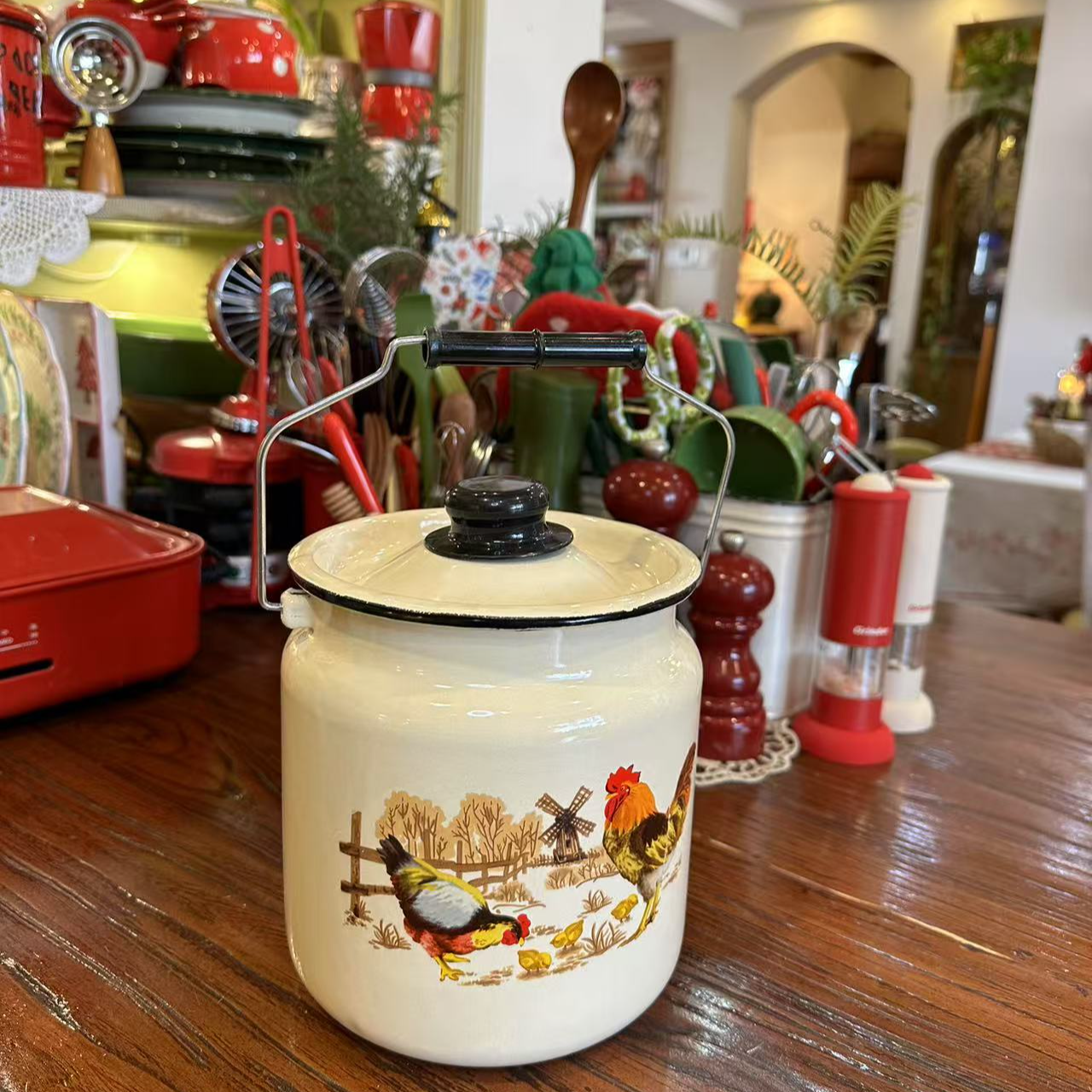 美式乡村风格公鸡储物桶家用搪瓷奶黄色桶厨房豆子桶