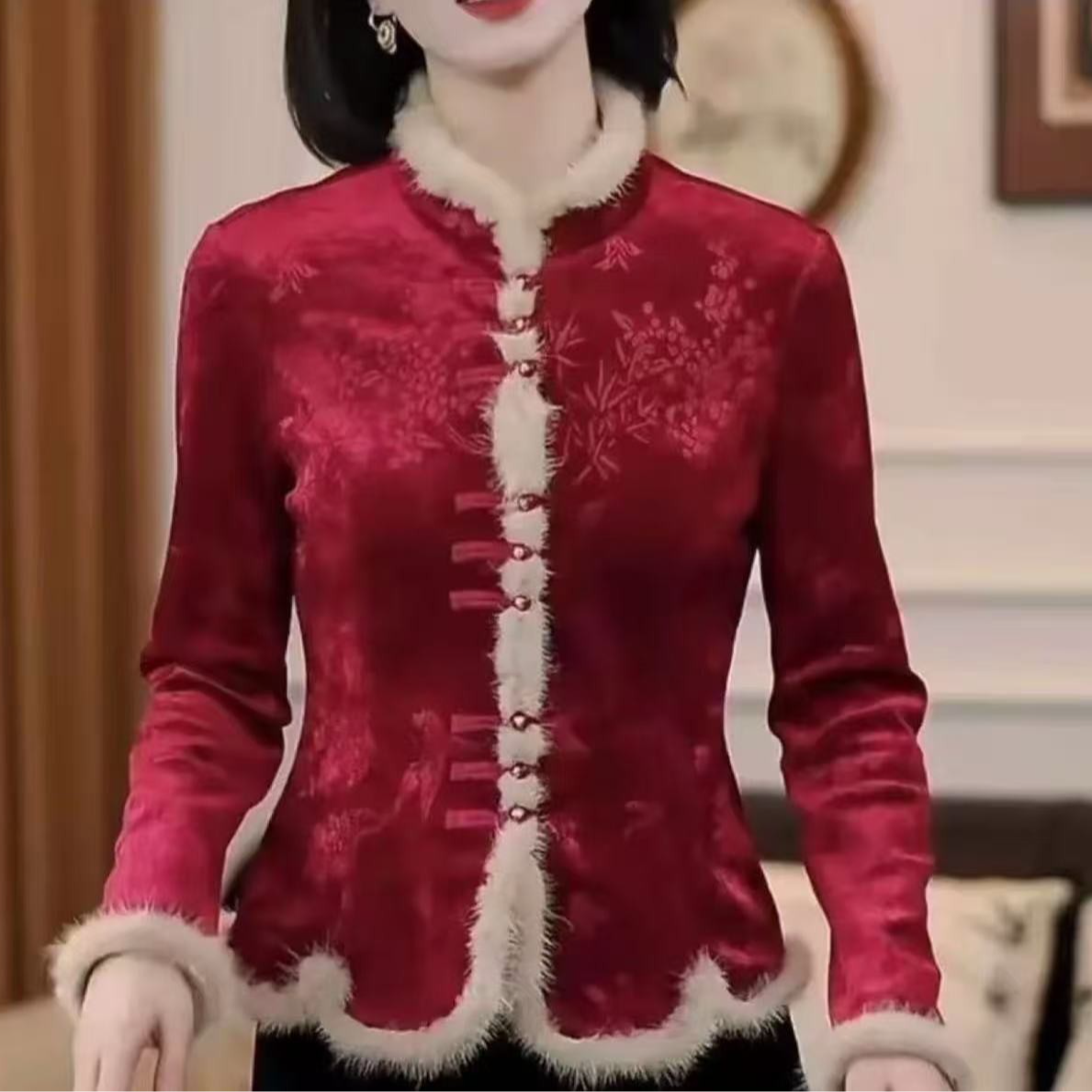 冬季新款复古印花打底衫水貂毛拼接冬款保暖上衣