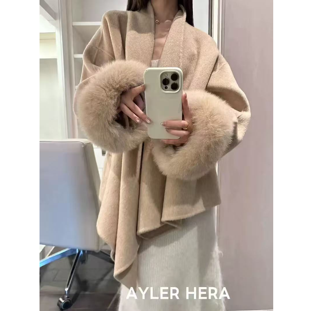 设计感毛袖双面斗篷大衣女秋冬氛围感气质显瘦短外套S111214