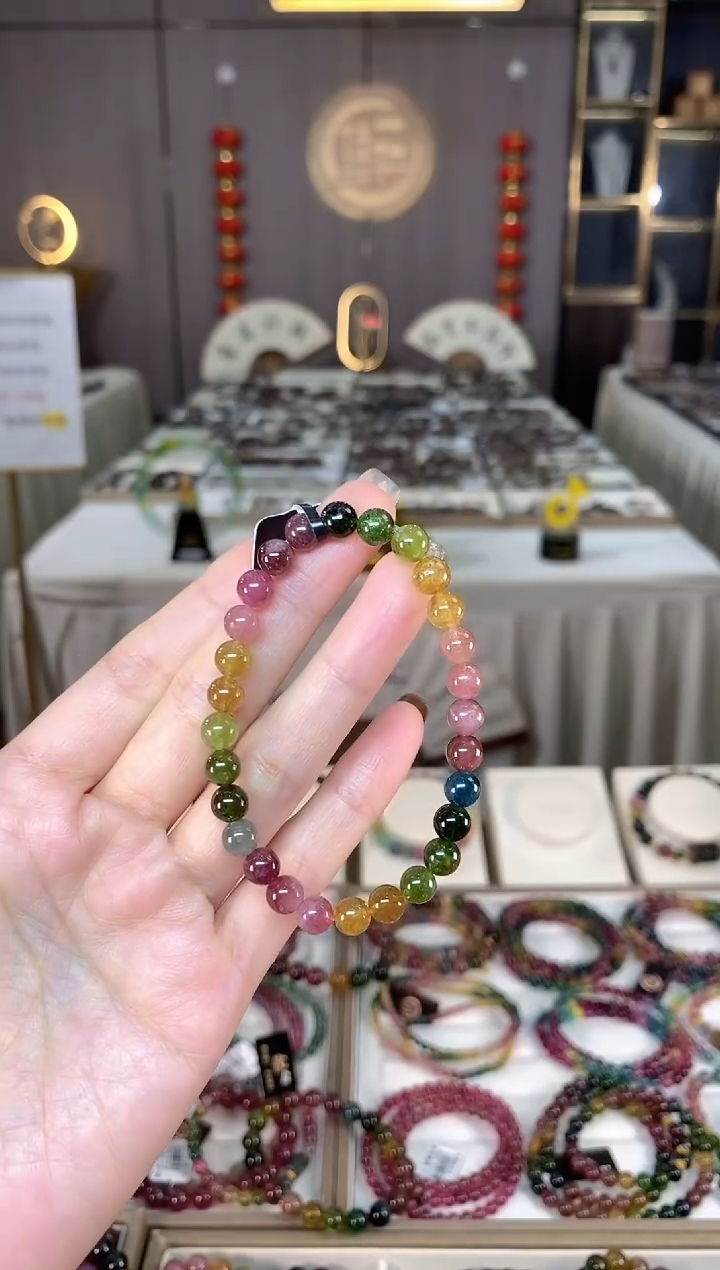 未镶嵌老矿碧玺色标彩虹单圈手串6mm+碧玺dan多样性发货一条