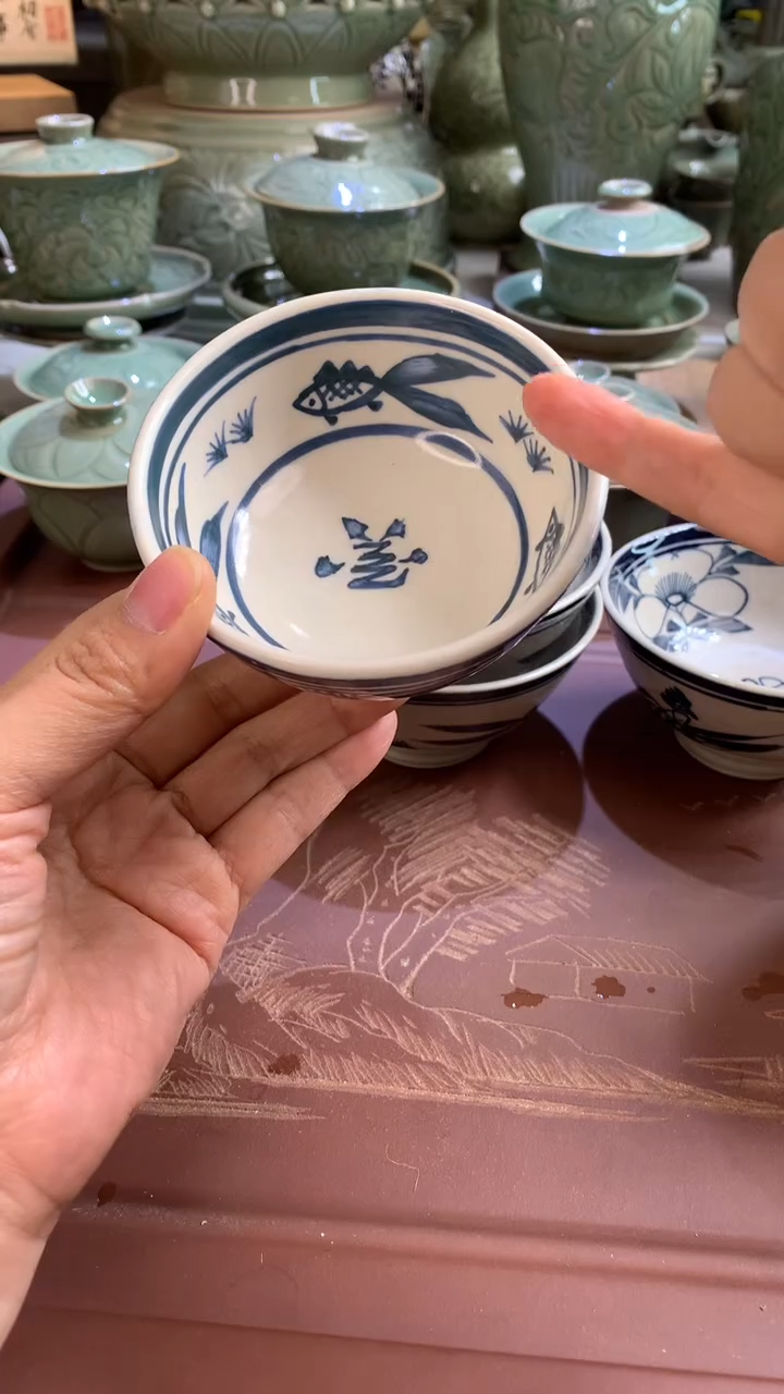 现代耀州窑微瑕白底蓝花釉下彩大茶碗100CC一只