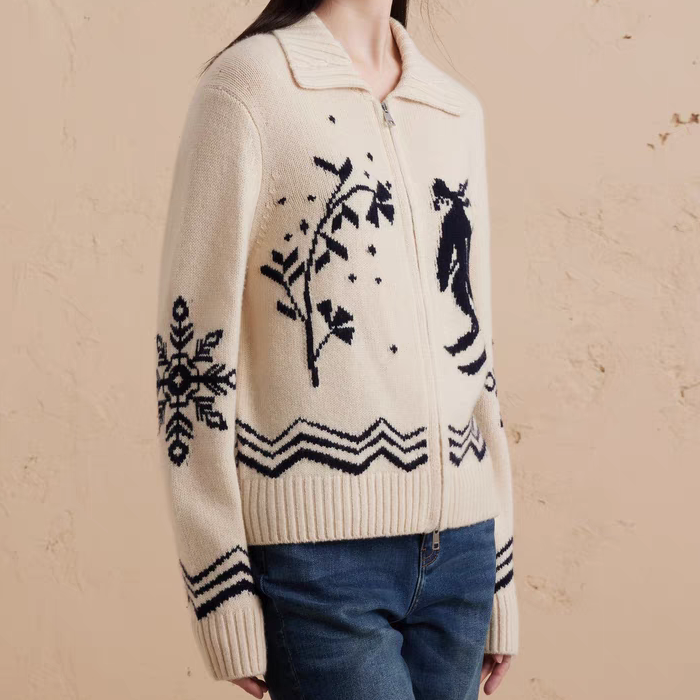 【潇潇】95842ER翻领宽松针织毛衣女24年冬新品滑雪提花