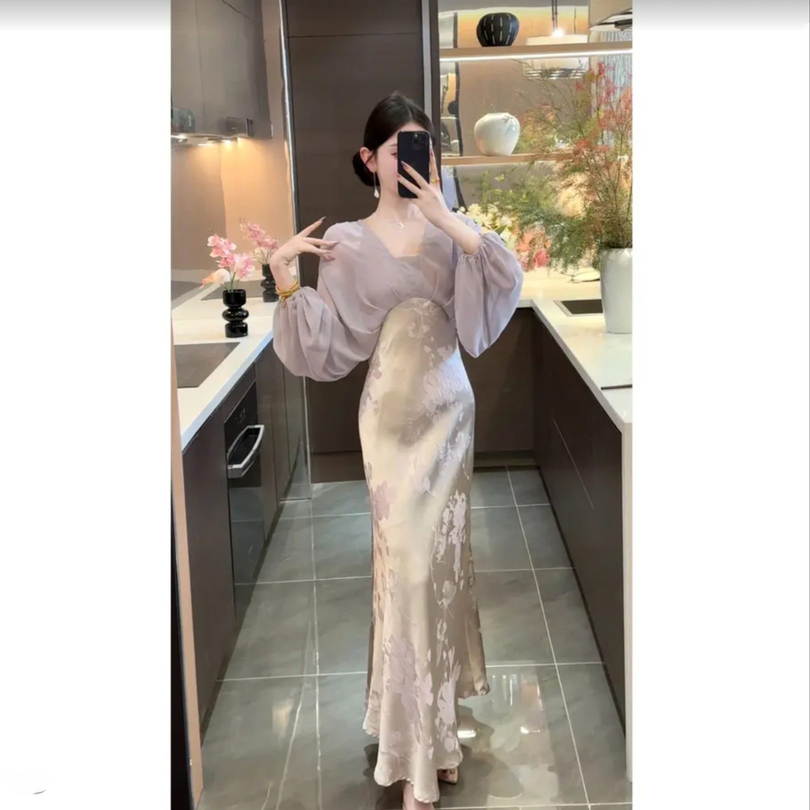 【女神】2025新款假两件提花缎面高腰斜裁新中式连衣裙