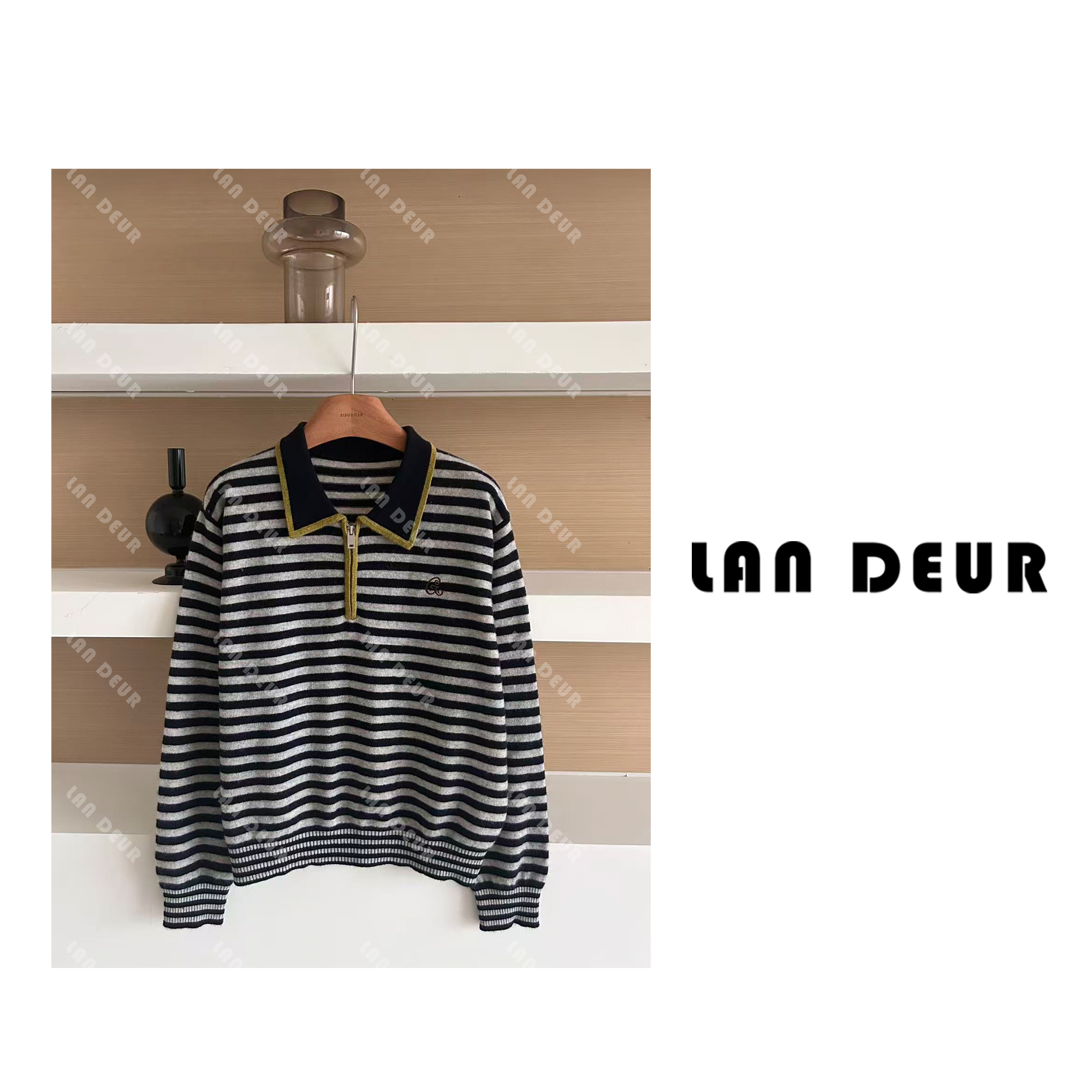 JIUJIU【泡沫日记】绵羊毛山羊绒百搭条纹POLO领设计感套头针织衫女