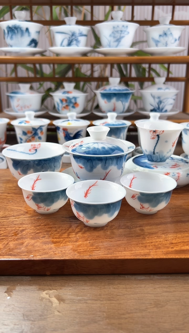 微瑕线条莲130ml內绘盖碗+小和顺杯3+大盖置+闻香杯+君杯