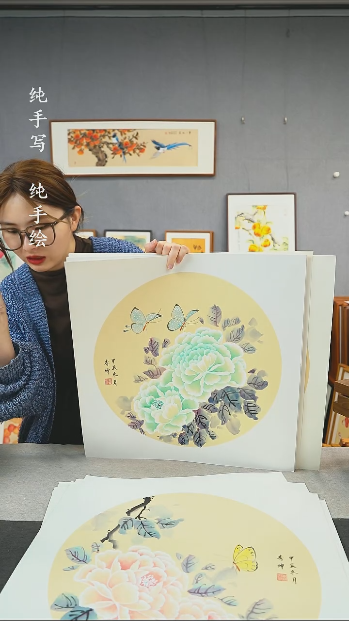 【闪购商品】国画李坤-手绘带框作品-53*53-牡丹