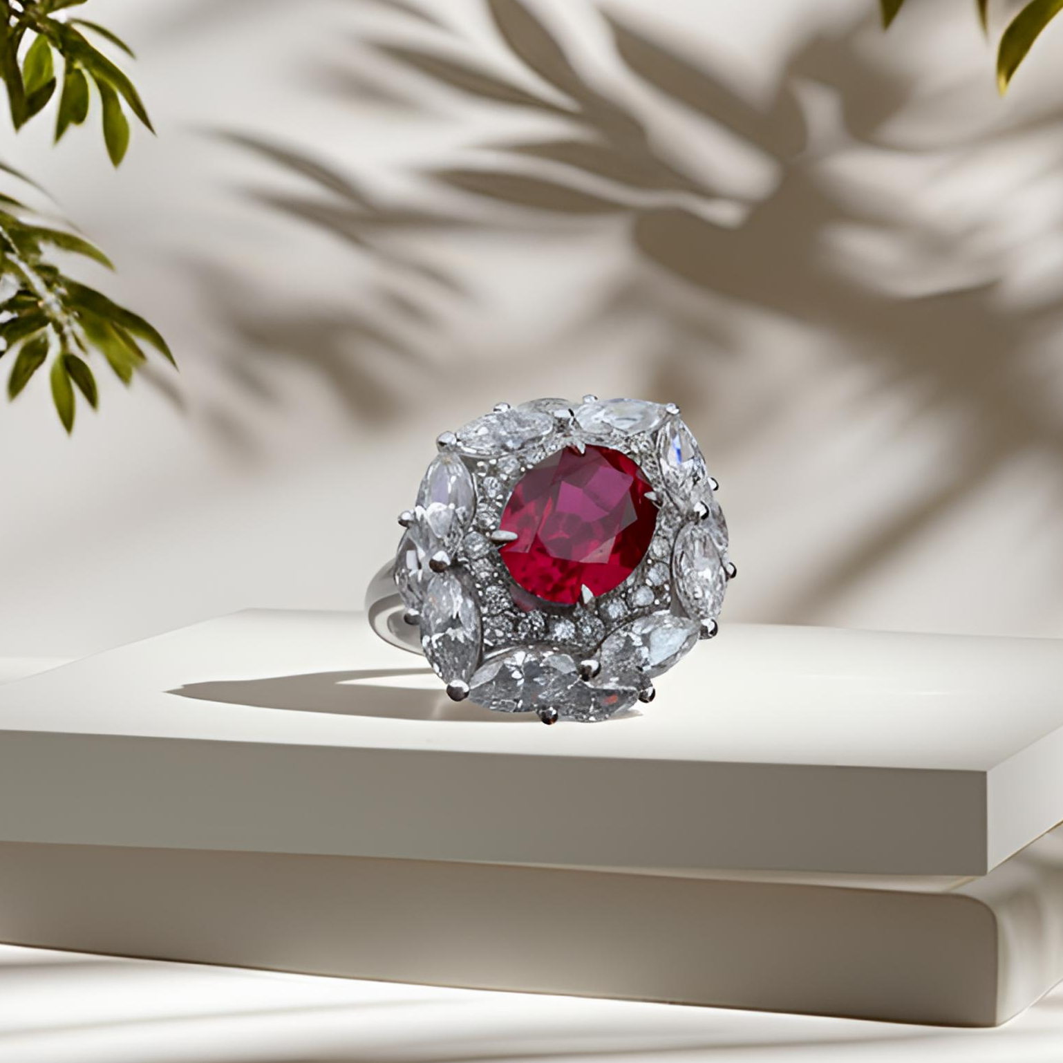 培育红宝石S925银镶嵌培育红宝石戒指3克拉R3-0004