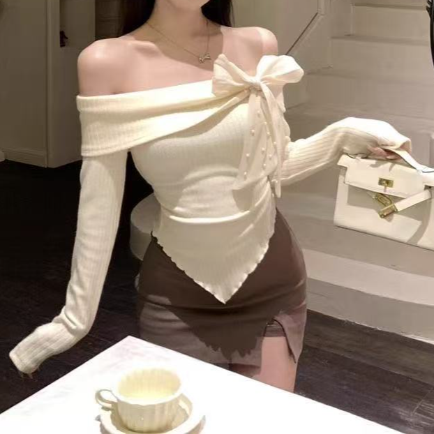 法式蝴蝶结设计感绑带长袖T恤女春秋性感一字领露肩修身百搭上衣