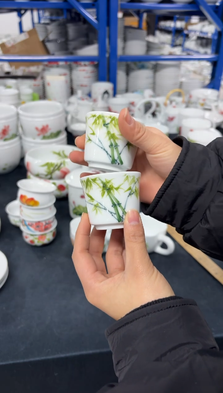 景德镇高温陶瓷食品级手绘釉中彩-竹节杯