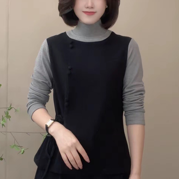 韩系设计感侧边系带假两件女款爆款2025新款百搭上衣