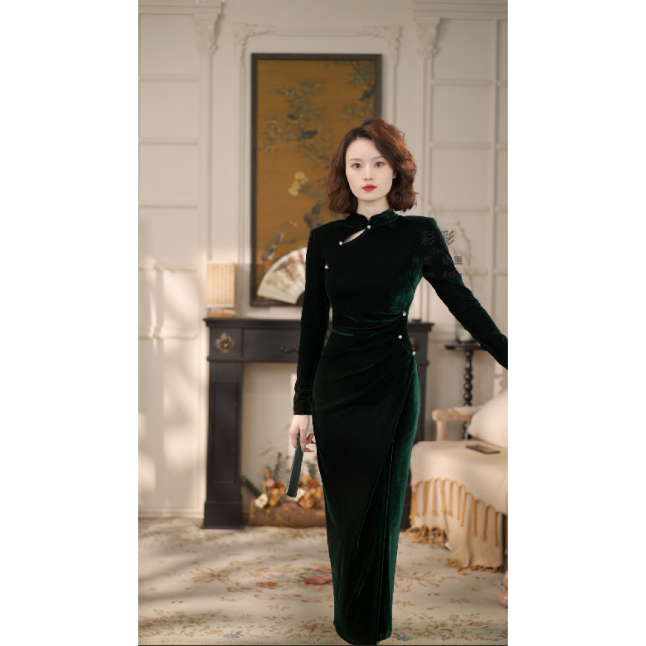 彩彩家【秋野浮华】秋冬新款收腰修身复古深海绿遮肉设计改良旗袍