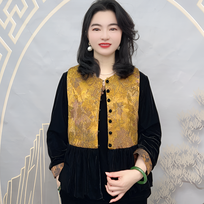 撞色包扣时尚花摆中老年妈妈单件马甲