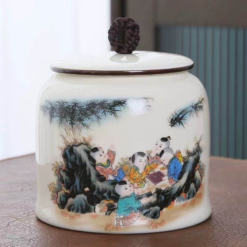 汝窑五福临门大号茶叶罐A045