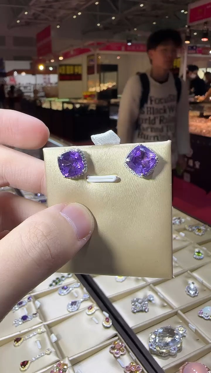 银S925镶嵌耳饰紫晶10mm帝王紫耳钉简约