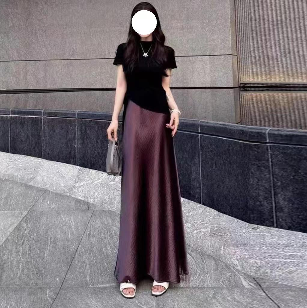 新款垂感丝滑珠光缎面半身裙2025秋冬气质修身显瘦高腰中长裙669#