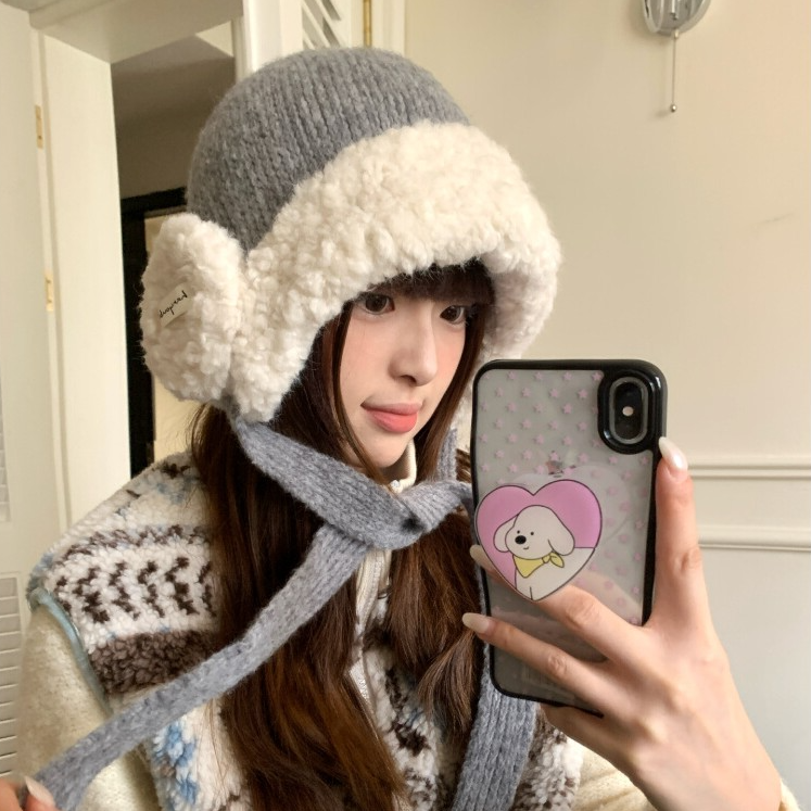 毛绒加厚灰色护耳毛线帽子女款冬季大头围保暖针织帽系带雷锋帽潮
