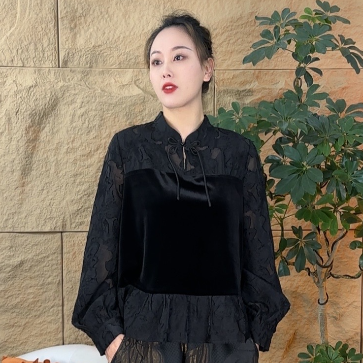 清静语qjy32097黑色百搭休闲气质小上衣