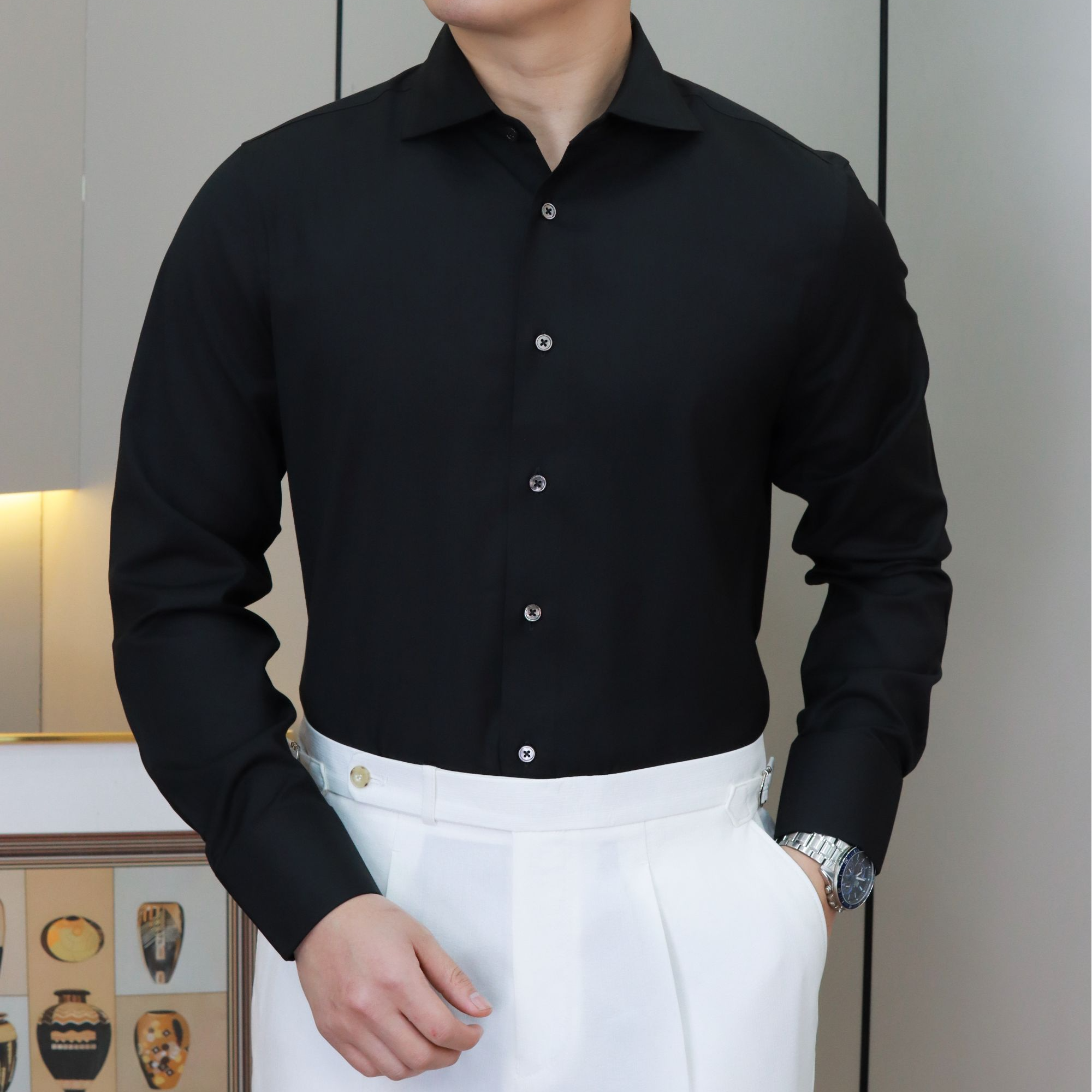 男士免烫长袖纯色衬衫免烫衬衣时尚秋季职业百搭衬衣休闲