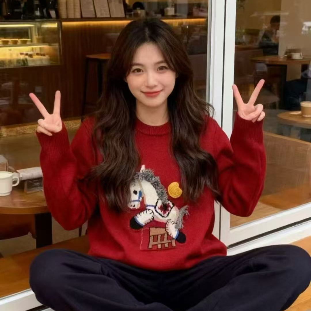 马女刺绣羊毛衫红色宋锦羊毛毛衫时尚宽松冬季卡通打底毛衣666-1