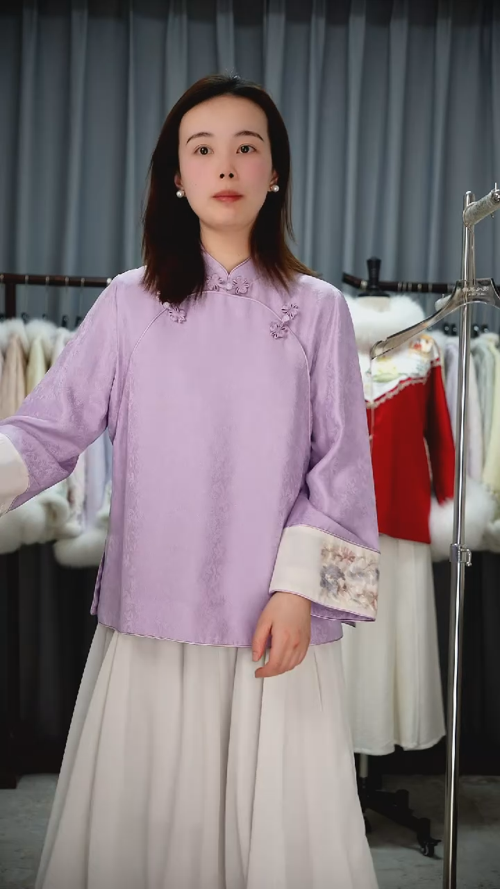 织绣紫色美玲襟 双层桑蚕丝