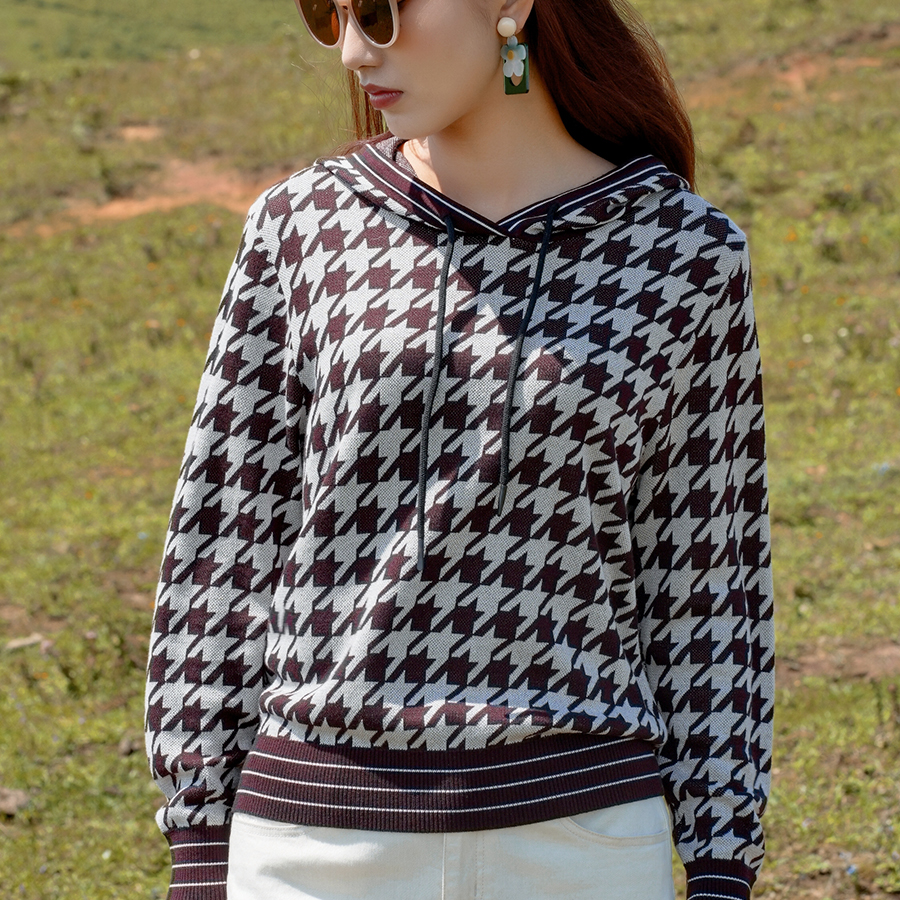 新款秋冬莱赛尔天丝针织衫长袖千鸟格休闲帽衫51235