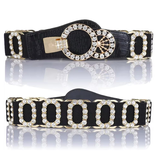 《同心环镶水钻弹力腰带》新疆舞蹈时尚配饰重工爪镶水钻黑色腰带
