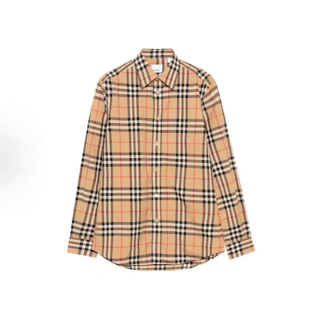 Burberry博柏利 经典款格纹长袖珍珠贝壳扣衬衫 男女同款卡其色