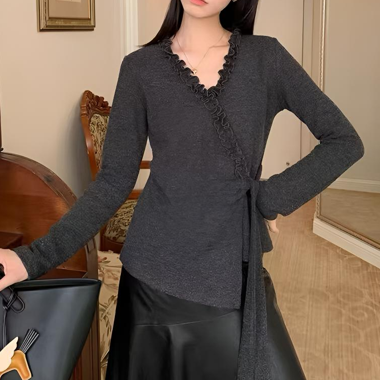 休闲不规则V领花边绑带上衣显瘦长袖秋冬黑色百搭气质外穿打底衫