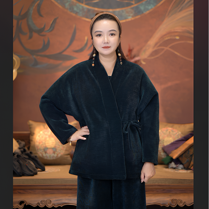 爱上莲心【孔雀绿】欧棉绒 四根带上衣阔腿裤 新中式中国风