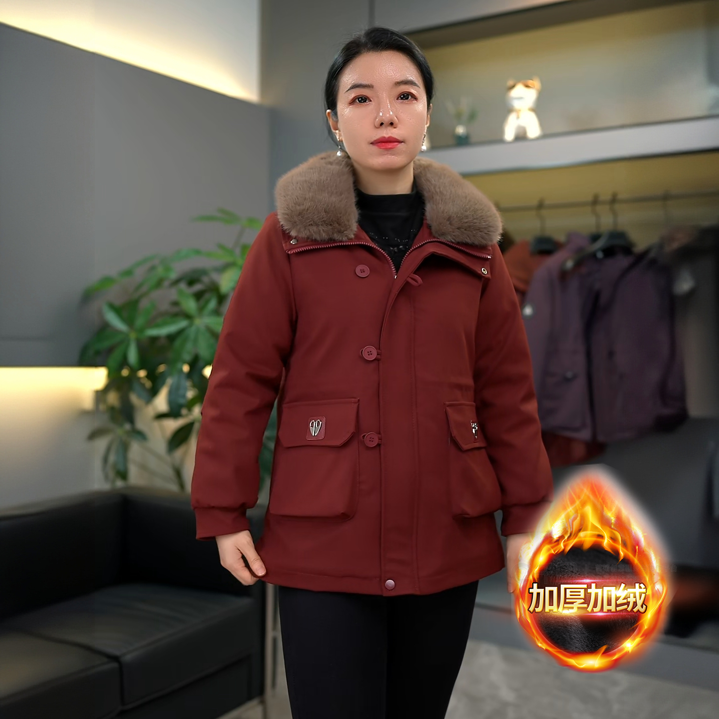 妈妈装冬季新款中老年女装中长款毛领加绒加厚休闲防风棉服减龄