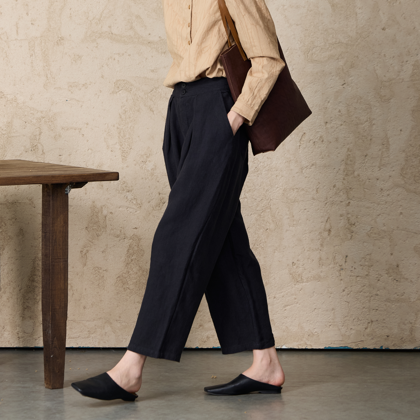 qtu法国纯亚麻黑色九分直筒哈伦裤54076宽松百搭透气舒适休闲裤夏