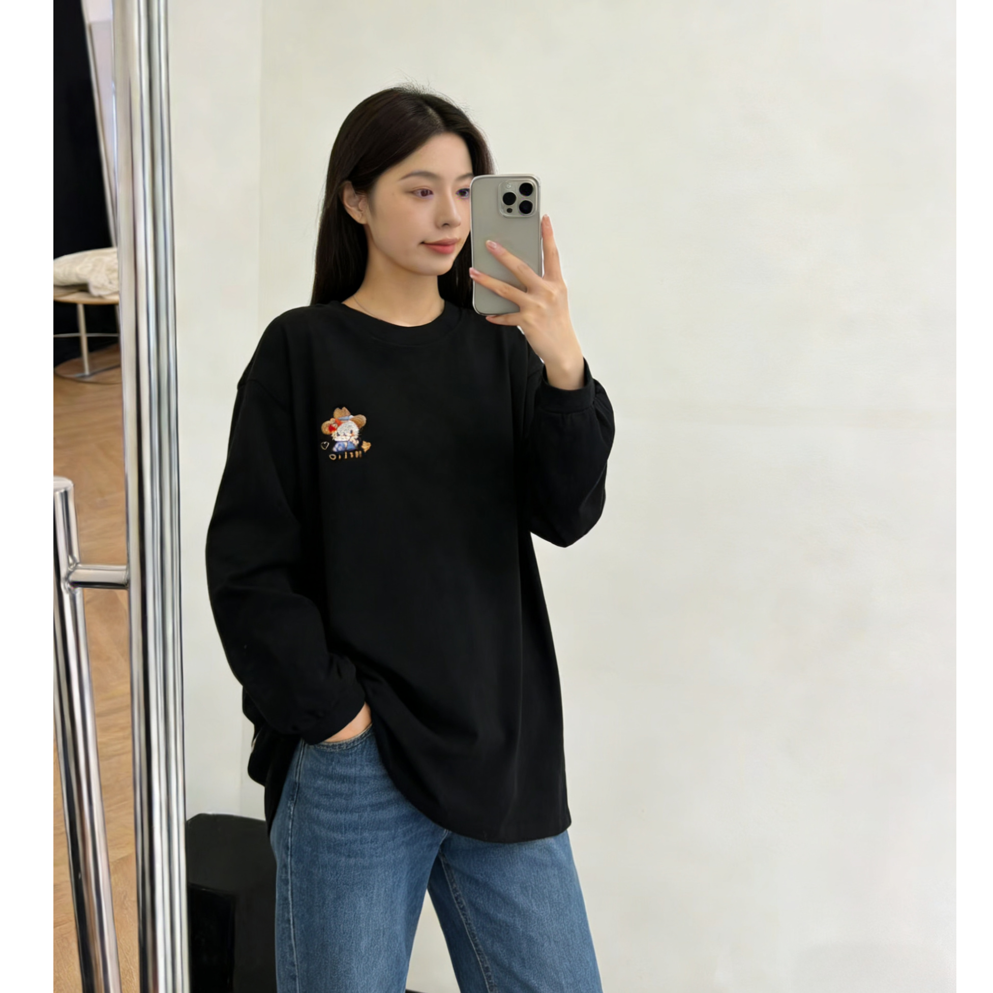 【AB哈罗猫】小猫女字母潮流磨毛宽松T恤立体装饰时尚长袖卡通