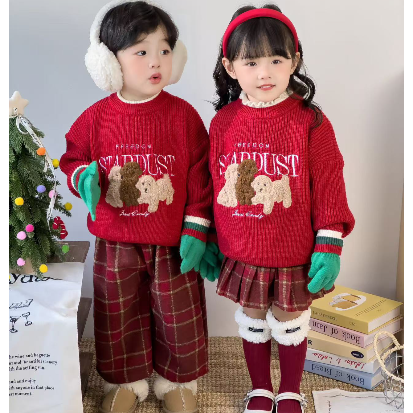 8083儿童针织毛衣男女童新年红色可爱卡通洋气圣诞过年喜庆上衣