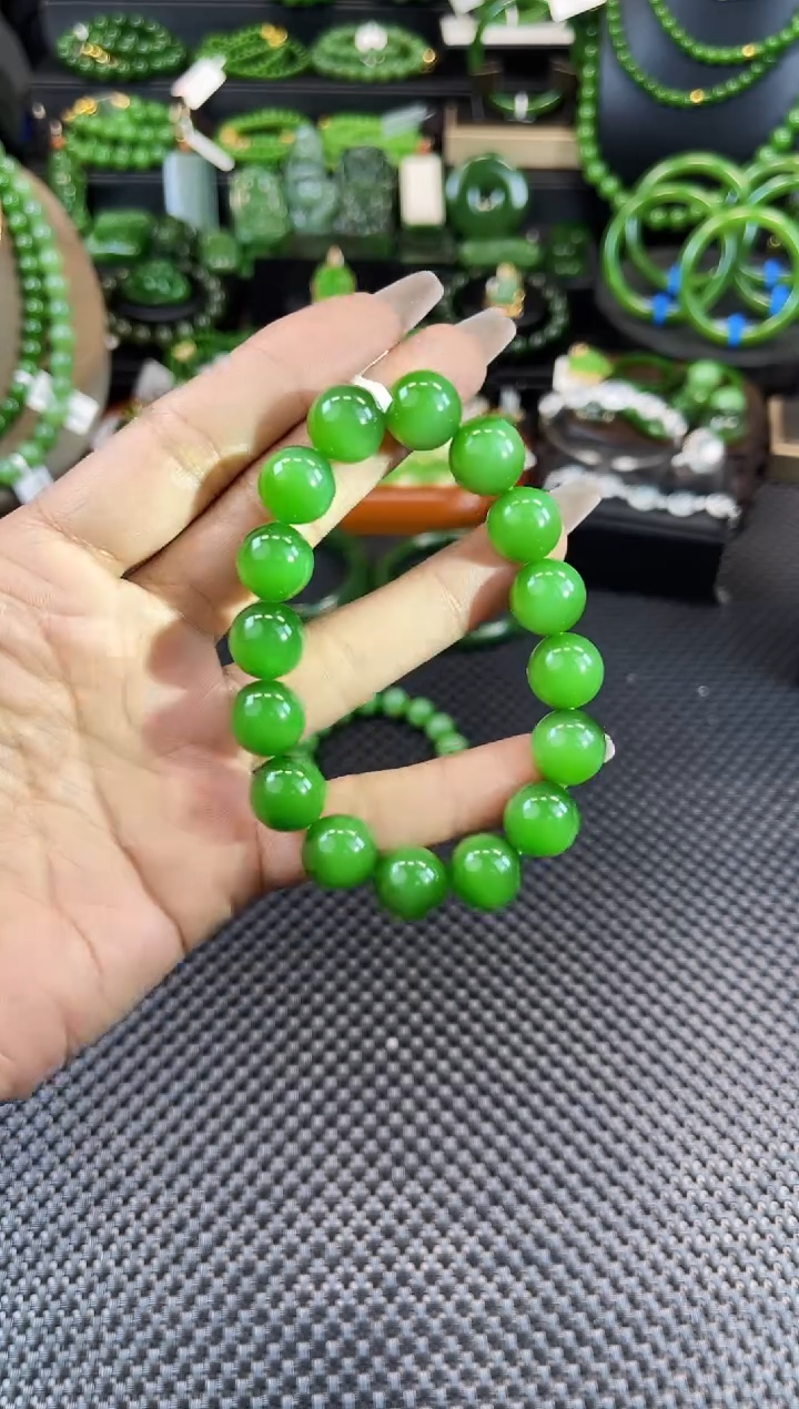 【闪购商品】和田玉（碧玉）手串未镶嵌SC185辣绿猫眼手串12mm