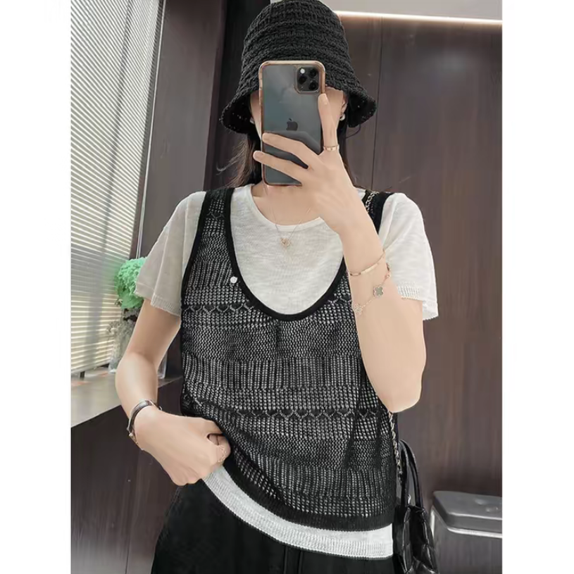 【卡蔻】假两件镂空（低温水洗）