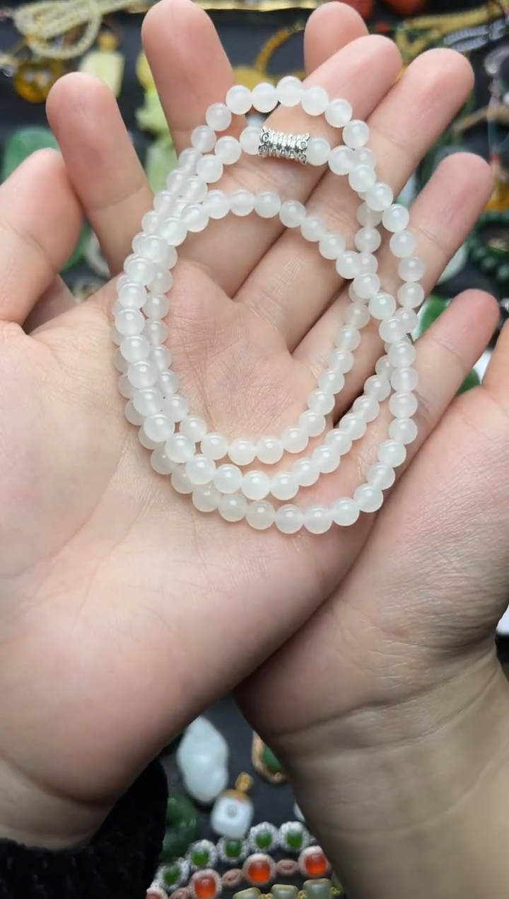 颈饰未镶嵌和田玉白玉珠链06