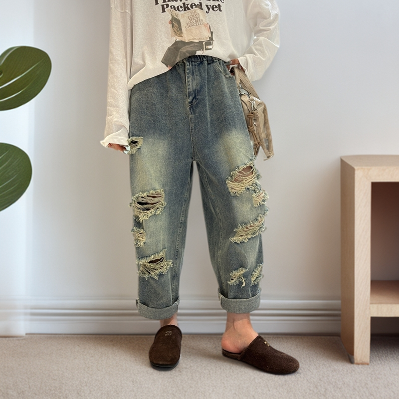 大码女装破洞牛仔裤女120斤到240斤胖mm大腿粗屁股大显瘦裤子早秋