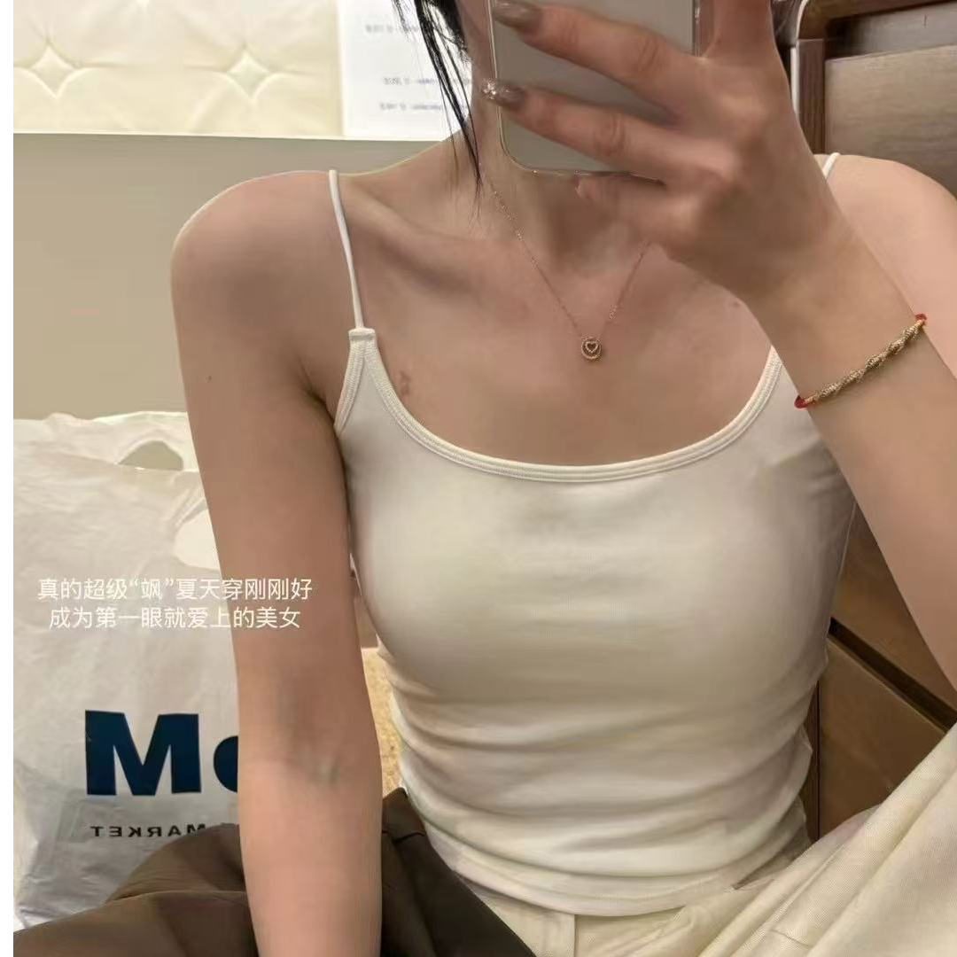 细肩带U型露背吊带背心女内搭薄款棉质免穿文胸美背一体打底上衣