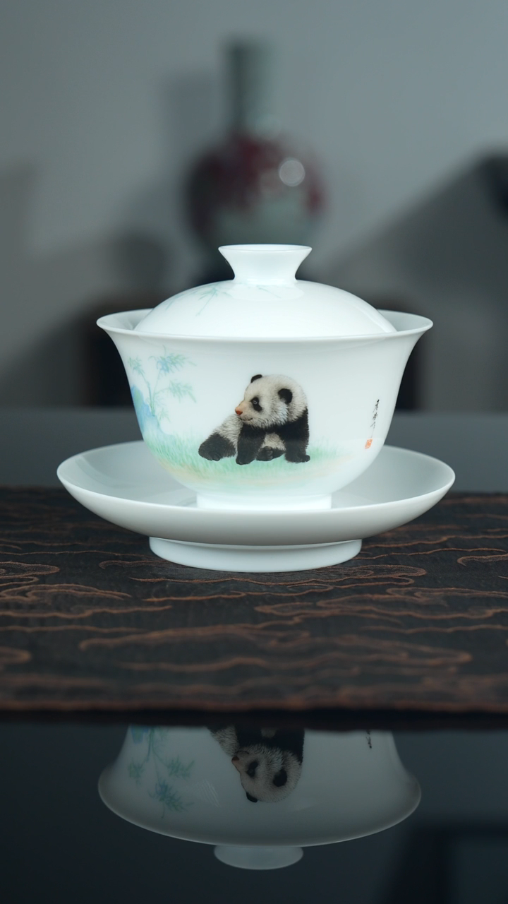 瓷片一*《熊猫》三才盖碗