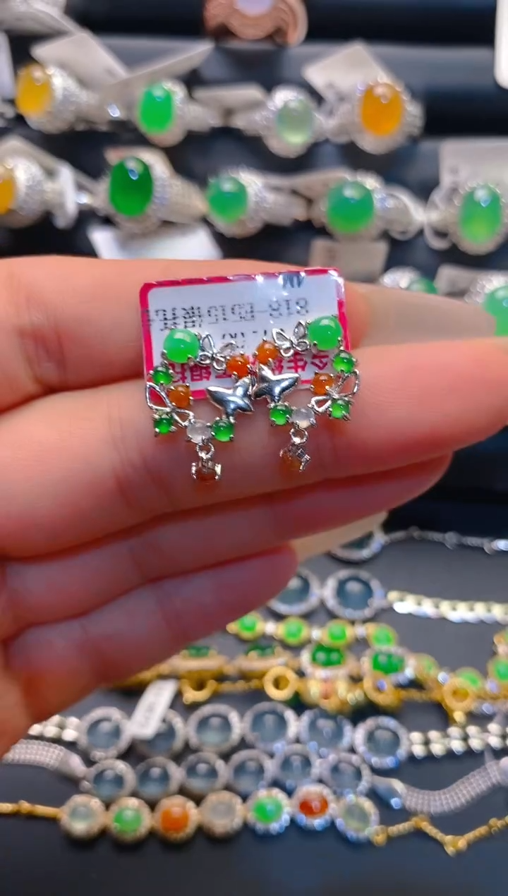 翡翠银S925镶嵌耳饰天然