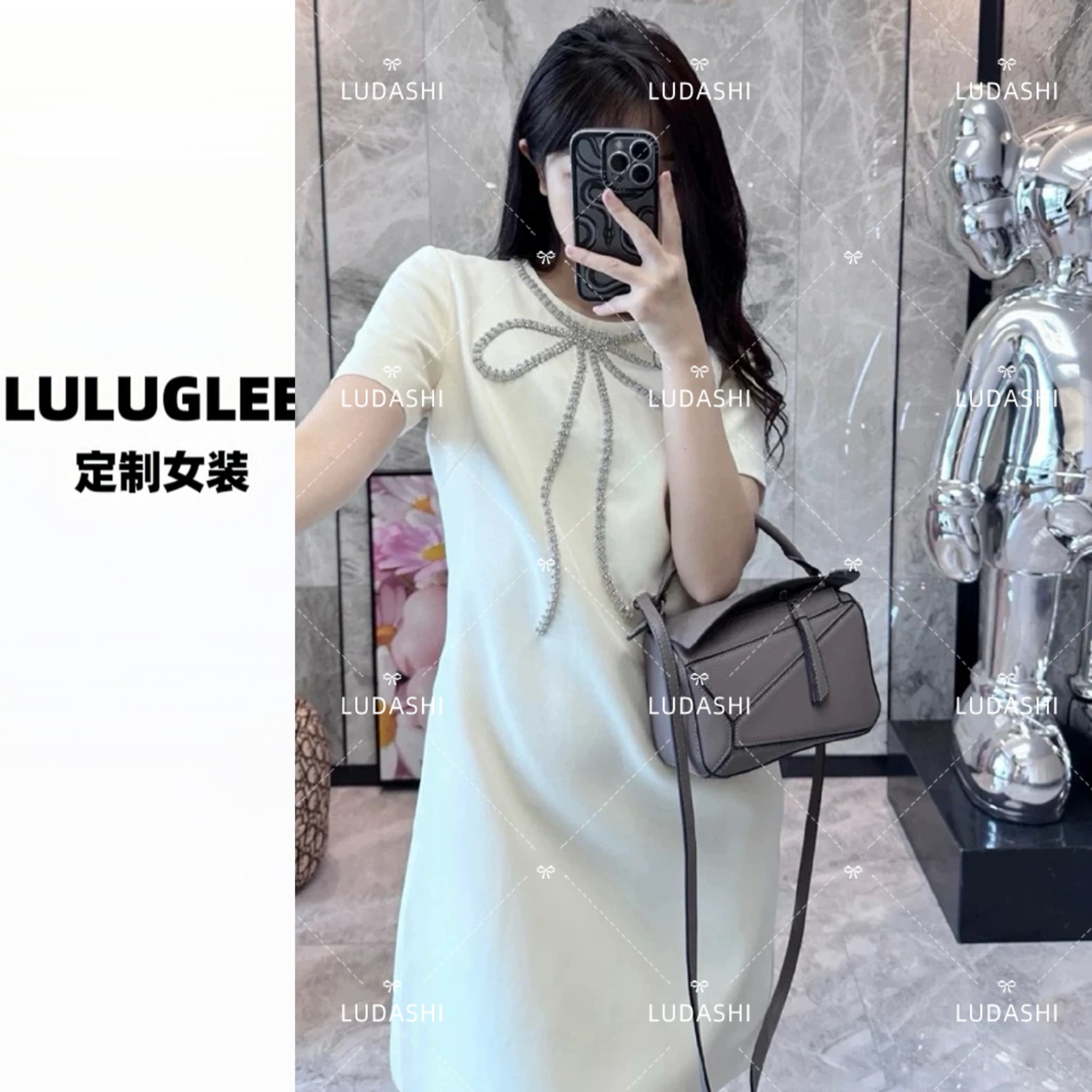 2025春夏款重工水钻蝴蝶结连衣裙女名媛高级气质小香风短裙