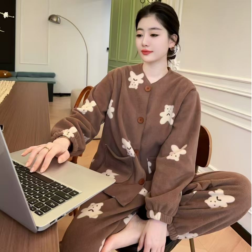 冬季加绒睡衣加厚颗粒绒卡通印花女士长袖长裤纽扣家居服套装#723