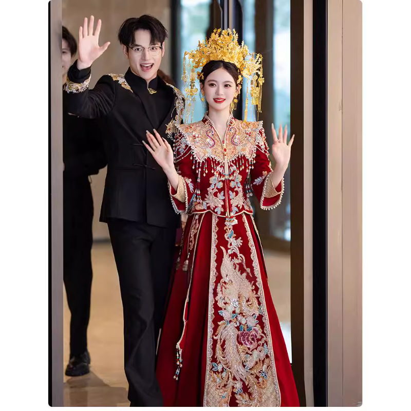 秀禾服婚服2025新款丝绒嫁衣高端出阁服新娘结婚新中式婚纱敬酒服