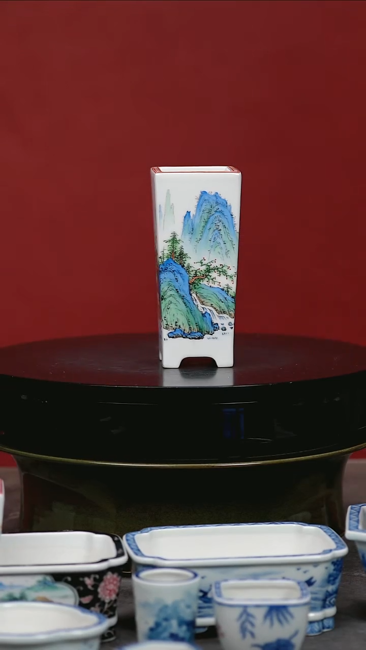 其他陶瓷青绿山水签筒内口4.1内高10.8