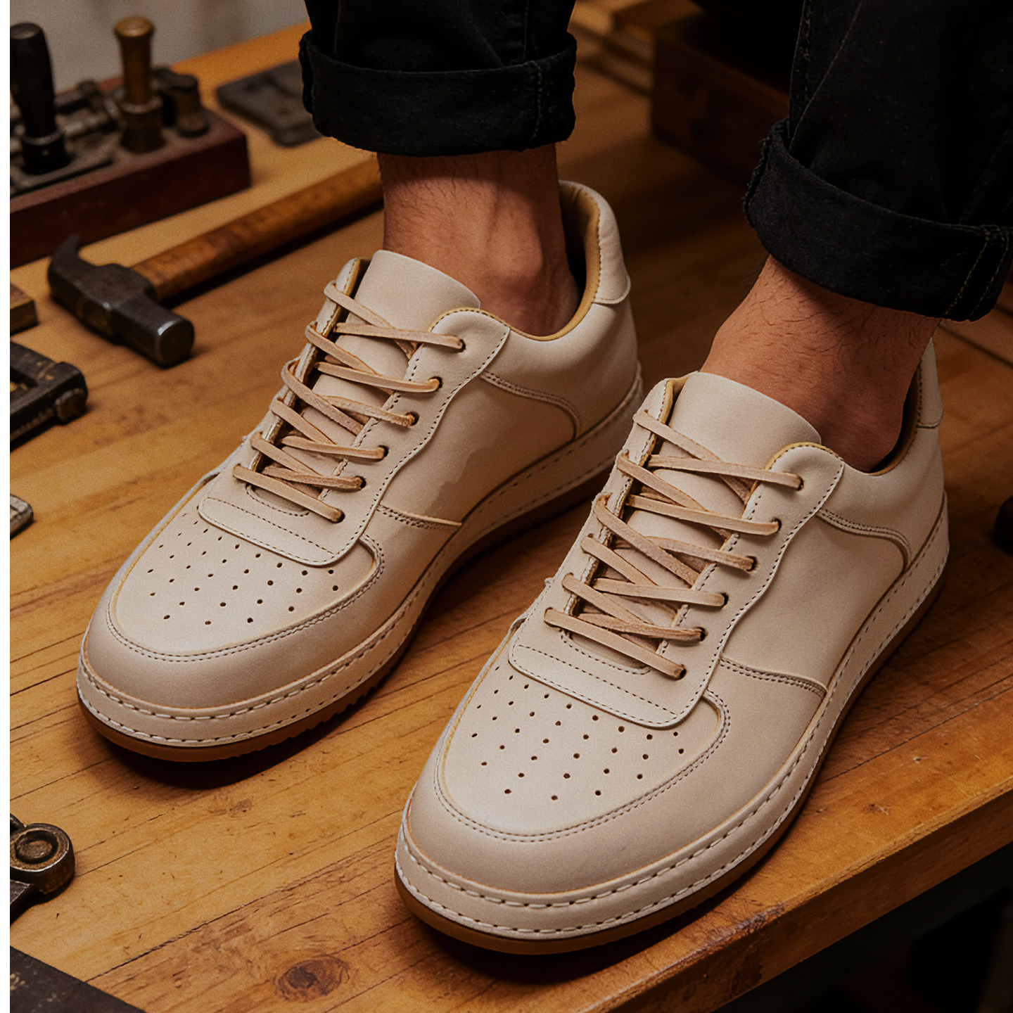 日系牛皮厚底休闲板鞋透气复古运动鞋男鞋真皮男士鞋手工缝制