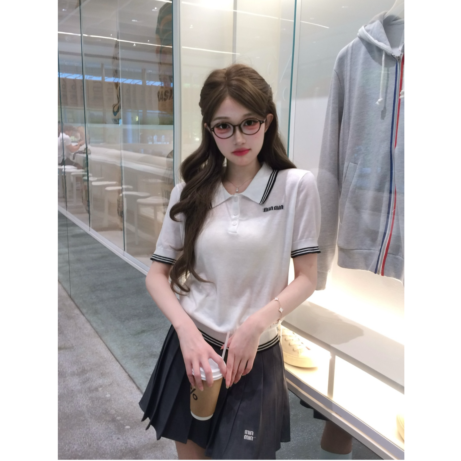 【伦敦早课】夏季新提花拼色条纹翻领短袖针织polo衫 拼接短裙7132