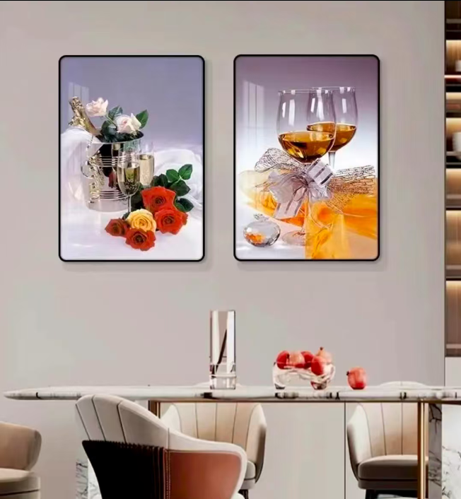 CT26酒杯鲜花墙壁茶室免打孔晶瓷餐厅装饰画两联背景墙挂画客厅